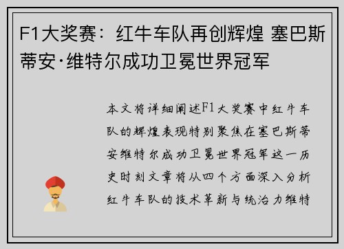 F1大奖赛：红牛车队再创辉煌 塞巴斯蒂安·维特尔成功卫冕世界冠军