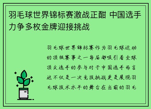 羽毛球世界锦标赛激战正酣 中国选手力争多枚金牌迎接挑战